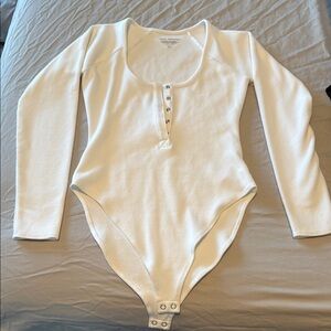 Good American Good Body Snap Henley White Long Sleeve Bodysuit